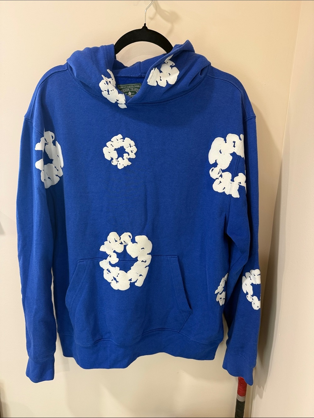 Men's Blue Denim Tears brand Sweater Hoodie with White Graphic Accents